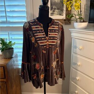 Johnny Was NWT Sisilia Velvet Flare Sleeve Blouse - Pewter, L